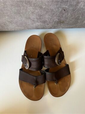 Paul Green Brown Leather Slide Sandals with Buckle